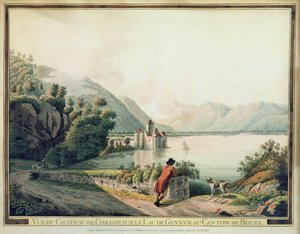Pohled na Chateau de Chillon, Ženevské jezero (barevný lept) od French School