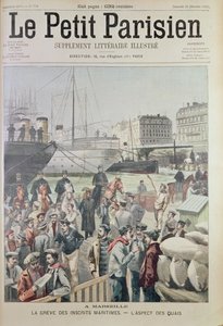 Pohled na doky v Marseille během námořní stávky, z přední obálky Le Petit Parisien, 21. prosince 1902 od French School