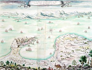 Pohled na obléhání Gibraltaru v roce 1704 (wc na papíře) od French School