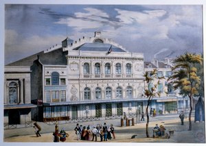 Pohled na divadlo de la Gaite v Paříži Litografie Paříže 19. století. Musee Carnavalet od French School