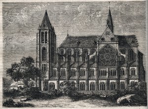 Pohled na opatství Saint-Victor (Saint Victor), bývalé opatství pravidelných kanovníků (Augustiniánů) zničené v roce 1811 – rytina do „“fyzických, občanských a morálních dějin Paříže: od nejstarších historických dob po současnost“ od Jacquese Antoina Dulau od French School