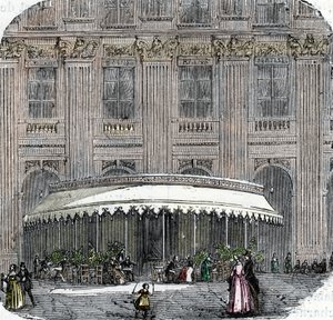 Pohled na kavárnu de la Rotonde v Palais-Royal v Paříži kolem roku 1860 (barevná rytina) od French School