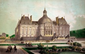 Pohled na hrad Vaux le Vicomte (Vaux-le-Vicomte) v Maincy (Seine-et-Marne), postavený kolem roku 1658. Tisky soukromé sbírky 19. století od French School
