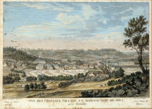 Pohled na město a továrnu na plátno od Christopha Philippa Oberkampfa (1738-1815) v Jouy en Josas (Yvelines) (instalováno v roce 1758) Litografie z roku 1800 Sceaux, musee de l