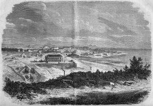 Pohled na město Biarritz, Pyreneje Atlantik (64) v roce 1858. Rytina v „“ Le Monde Illustré““ č. 75 z 18. září 1858. od French School