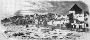 Pohled na okres města Kastrich v Mohuči (Německo), po výbuchu sudu s prachem v roce 1857. Z fotografie. Rytina v „“ Le Monde Illustré““ č. 36 z 19. prosince 1857. od French School