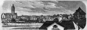 Pohled na okres města Kastrich v Mohuči (Německo), před výbuchem sudu s prachem v roce 1857. Z fotografie. Rytina v „“ Le Monde Illustré““ č. 36 z 19. prosince 1857. od French School