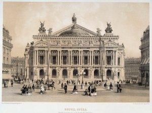 Pohled na fasádu opery Garnier v Paříži s výhledem na Boulevard des Capucines. Z 19. století akvarel Paříž, Musee Carnavalet od French School