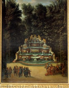 Pohled na fontánu vodního bufetu v zahradách Grand Trianon v roce 1713. V popředí: Ludvík XIV. na Promenade Peinture de Charles Chatelain. 18. století. Ztlumit. 2,96x1,42 m. Versailles, zámky Versailles a Trianon od French School