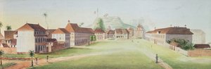 Pohled na pěchotní kasárna v Cayenne, Francouzská Guyana, c. 1840 (wc na papíře) od French School