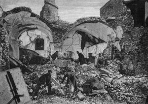 Pohled na ruiny Chiese del Purgatorio, zničené během zemětřesení v roce 1881 na ostrově Ischia (Itálie). Rytina Quesnela v „“The Illustrous World”” č. 1254 z 9. dubna 1881. od French School
