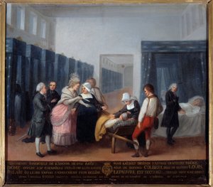 Návštěva pana a madame Neckerových v charitativním hospici Jedná se o nemocnici (dnes Neckerova nemocnice v Paříži) založenou ministrem a jeho manželkou, manželkou Lettresovou v roce 1778. Obraz Francouzské školy. 18. století. Paříž, Musee de l