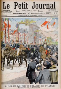 Návštěva krále a královny Itálie ve Francii. Král a královna Itálie ve Francii. Promenáda na bulvárech s Le President Francouzské republiky Emile Loubet - Ilustrace pro Le petit Journal, 25. října 1903 - Victor Emmanuel III (Victor-Emma od French School