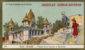 Návštěva chrámu v Benares, Indie (chromolitho) od French School