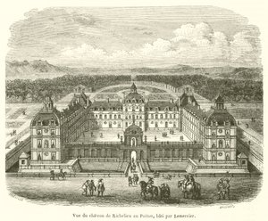 Pohled na Chateau de Richelieu v Poitou, postavený Lemercier (rytina) od French School