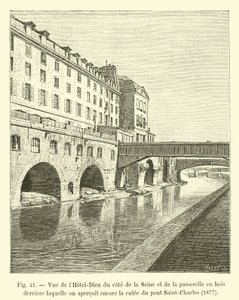 Pohled na Hôtel-Dieu ze strany Seiny a dřevěnou lávku, za kterou ještě vidíme opěru mostu Saint-Charles, 1877 od French School