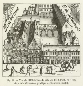 Pohled na Hôtel-Dieu ze strany Petit-Pont, v roce 1702; podle praktické geometrie Manesson-Mallet od French School