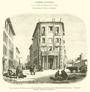Pohled na Maison du Poussin, na Trinite du Mont, převzatý z Portico rodu Claude Lorrain (rytina) od French School