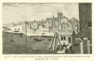Pohled na cíp města, klášter a přístav Saint-Landry v roce 1590; z časového plánu patřícího M de Valencay od French School