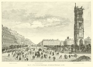 Pohled na Tour Saint-Jacques, z Boulevard Sebastopol, v roce 1866 od French School
