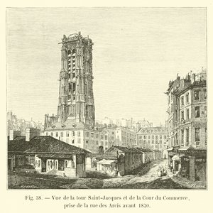 Pohled na věž Saint-Jacques a Cour du Commerce, pořízený z rue des Arcis před rokem 1830 od French School
