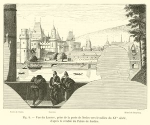 Pohled na Louvre, pořízený z Porte de Nesles kolem poloviny 15. století, podle oltářního obrazu Justičního paláce od French School