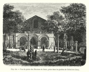 Pohled na Palais des Thermes v Paříži, převzatý ze zahrad Hôtel de Cluny (rytina) od French School