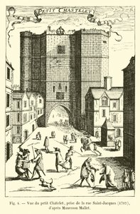 Pohled na Petit Chatelet, pořízený z Rue Saint-Jacques, 1702, po Manesson Mallet od French School