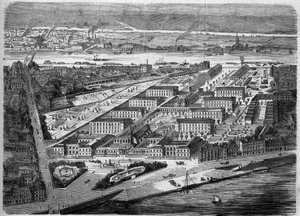 Vnější pohled na Hotel Dieu (Hotel-Dieu) v Nantes, slavnostně otevřen v roce 1863. Tato nemocnice byla téměř úplně zničena během bombardování v roce 1943. Loire Atlantique (44). Rytina v ""Le Monde Illustre"" č. 347 z 5. prosince 1863. od French School