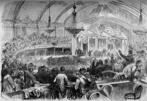 Válka 1870 – zákonodárné volby během příměří – únor 1871: volební schůze v Cabaret des Folies Bergeres v Paříži k vyhlášení kandidátů do Národního shromáždění. Rytina v „“ Le Monde Illustré““ č. 722 z 11. února 187 od French School