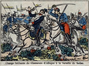 Válka roku 1870 mezi Francií a Pruskem: útok afrických lovců v bitvě u Sedanu v roce 1870. Obrázek Epinalu. od French School