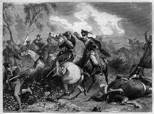 Válka čtvrté koalice 1806 - 1807 - Princ Ludvík Ferdinand Pruský smrtelně zraněn během boje s invazní anglickou jízdou v bitvě u Saalfeldu během napoleonských válek od French School