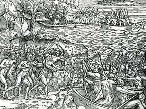 Válečná scéna, Brazílie, ilustrace z "Singularity Francie Antarktidy", Andre de Thevet, 1558 od French School