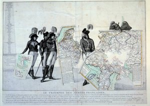 Války revoluce: Generál Napoleon Bonaparte (1769-1821) držící mapu Itálie (v době italského tažení), aby dokončil hádanku území dobytých Francií. Vlevo pravděpodobně generálové Hoche, Pichegru a Jean Victor (Jean- od French School