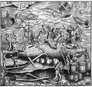 Lov velryb na francouzském pobřeží Atlantského oceánu ve středověku. Rytina v „La Marine et les colonies: commerce“ od French School