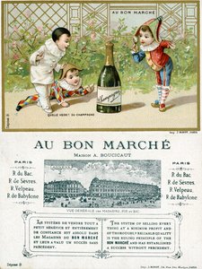 Jaké štěstí! láhev šampaňského; přední a zadní strana propagační karty pro obchodní domy Bon Marché v Paříži, kolem roku 1895 od French School