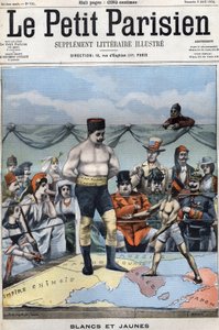 Bílá a žlutá (karikatura o rusko-japonské válce: země jako Francie, USA, Čína... sledují boxování Japonska a Ruska). Obálka Le petit Parisien z 3. dubna od French School
