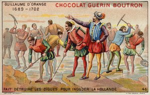 Vilém Oranžský ničí hráze, aby umožnil zaplavení Holandska (chromolitho) od French School