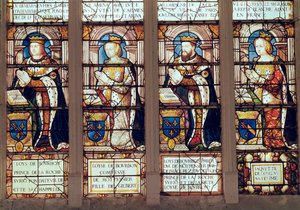 Okno zobrazující Louise de Bourbon (1465-1520) prince z La Roche-sur-Yon, Louise de Bourbon († 1561) hraběnku z Montpensier, Ludvíka II. Bourbonského (1513-82) vévodu de Montpensier a Jacquette de Longwy ( od French School