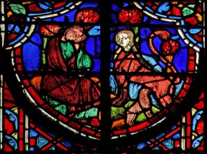 Window w11 Jeremiáš vidí šakala - se samičí hlavou krmící mláďata?. Lam IV 3 od French School