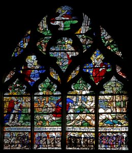 Okno w120 zobrazující Stvoření a členy Confrérie de Charité od French School