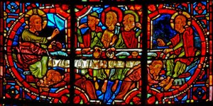 Okno w17 zobrazující výjev ze života svaté Máří Magdalény - světice umývající Kristovy nohy od French School
