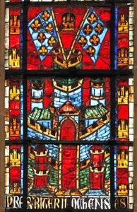 Okno w205 zobrazující zámek a vlajky s fleur-de-lis od French School