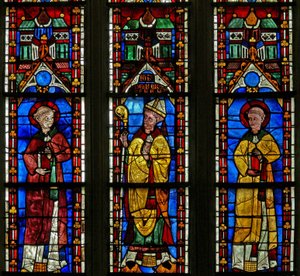 Okno w21 zobrazující sv. Silvestra s dárcem Jeanem de Bernieres; St Protais od French School