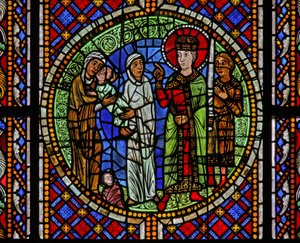 Okno w3 zobrazující Šalomouna uděluje dítě skutečné matce od French School