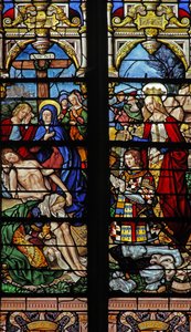 Okno w4 zobrazující sestup z Kříže s dárcem Francoisem de Montmorency a Ste Francoise od French School