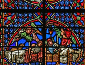 Okno w4 zobrazující Podobenství o ponorech a Lazarovi – jejich smrti od French School