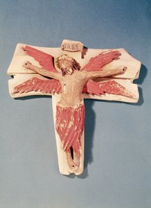 Okřídlený Kristus na kříži (polychromovaný kámen)