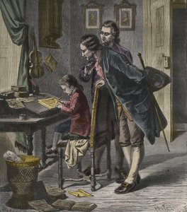 Wolfgang Amadeus Mozart píše koncert v přítomnosti svého otce Leopolda, ilustrace z „La Musique Populaire“ od French School