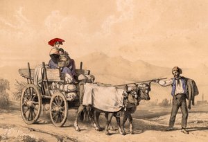 Žena a dítě v tradičním oděvu na voze plném pytlů, c.1840 od French School